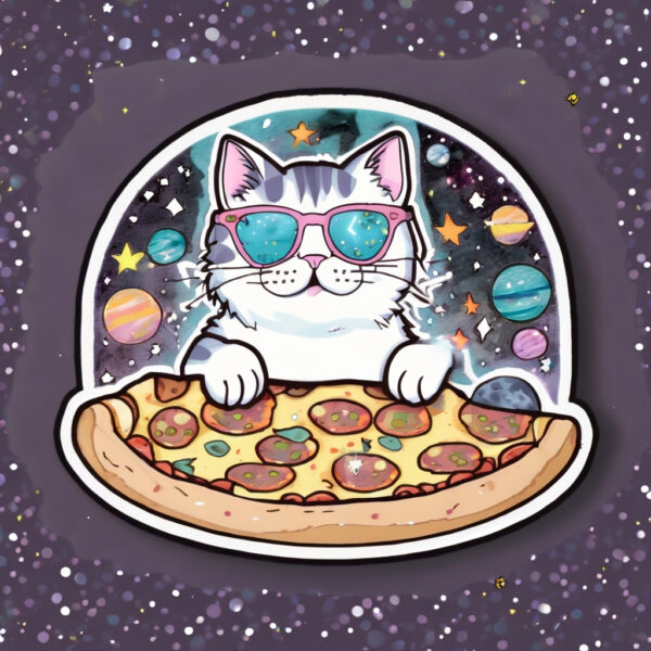 Cosmic Cat on Pizza Ride – Whimsical Space Sticker